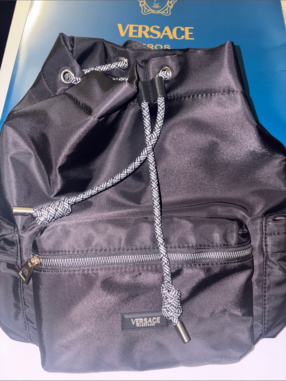 Versace Black Satin Nylon Drawstring Backpack with Contrast Cord